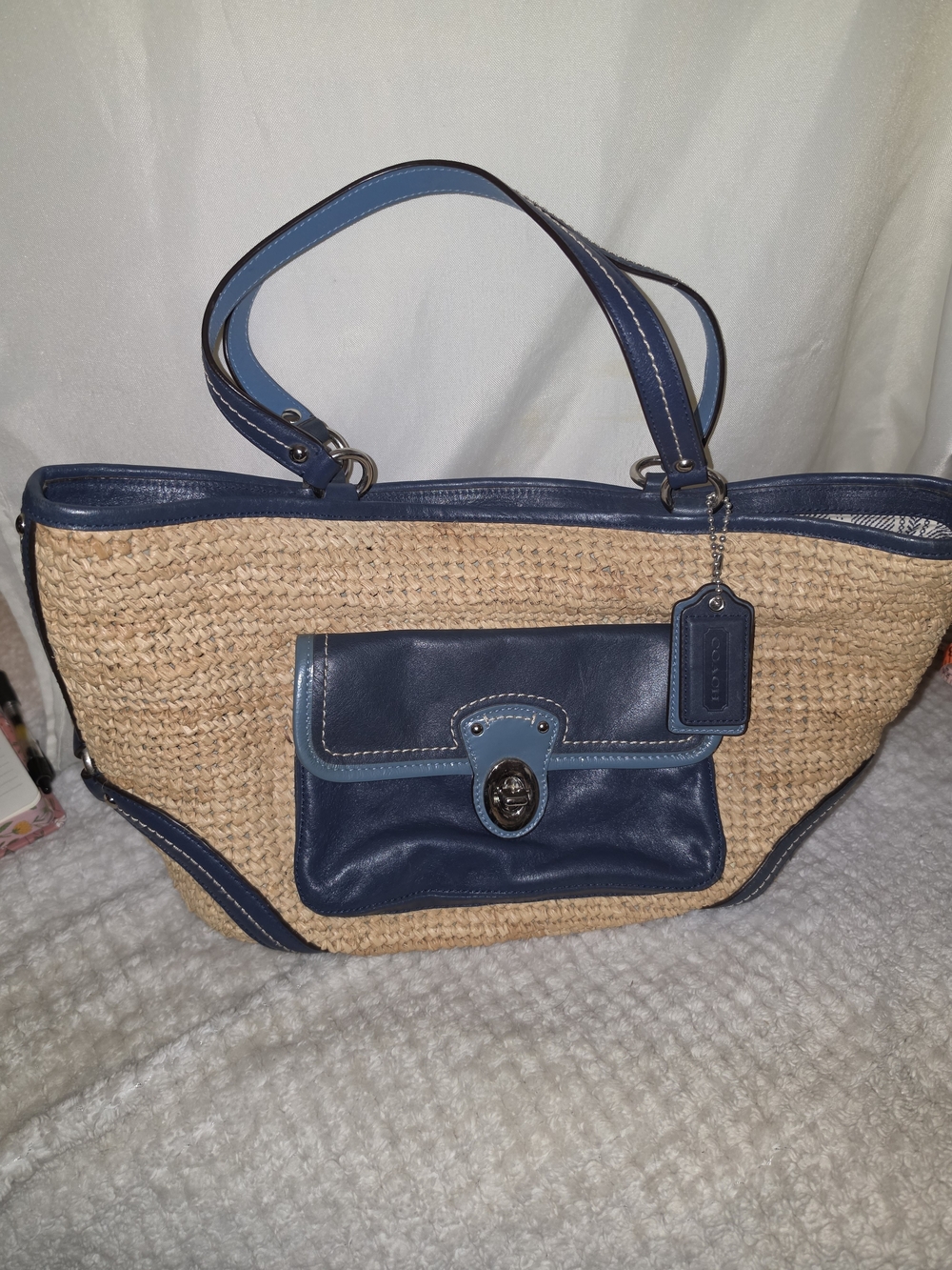 Coach Navy and Natural Straw Leather Trim Tote